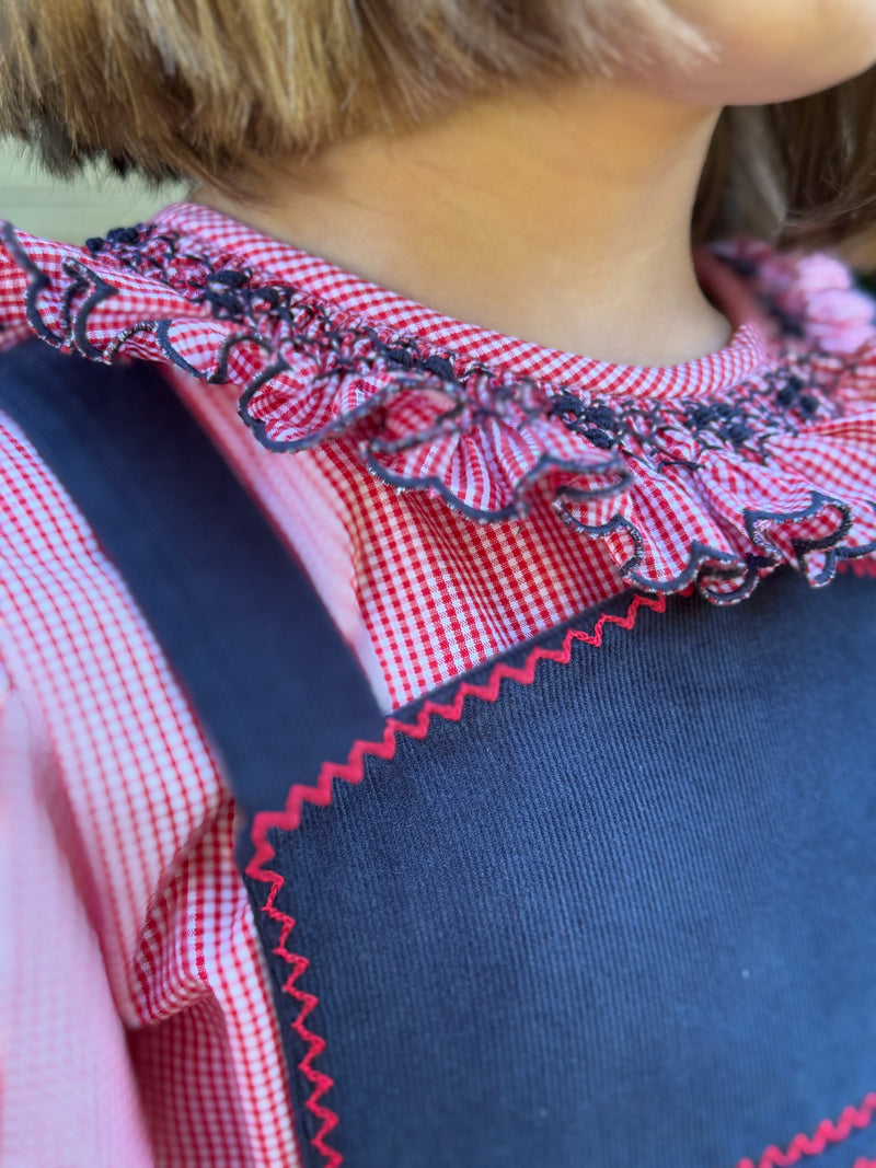 Red/Navy Smocked Ruffle Blouse