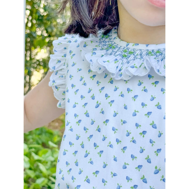 Angel Sleeve Smocked Blouse- Aquamarine Berries