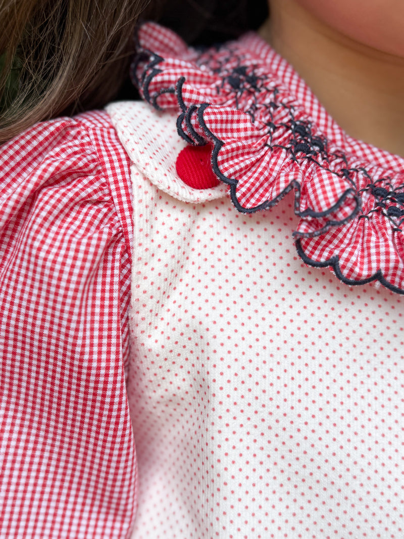 Red/Navy Smocked Ruffle Blouse