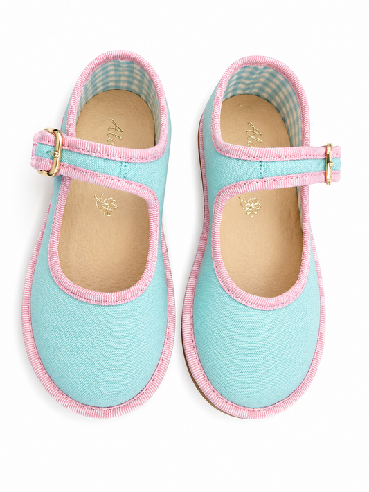 Mary Jane in Blue with Pink Grosgrain