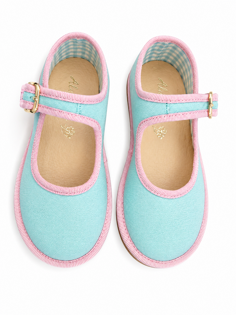 Mary Jane in Blue with Pink Grosgrain