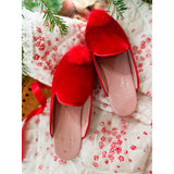 Girls Slippers in Red Velvet/Red Mink