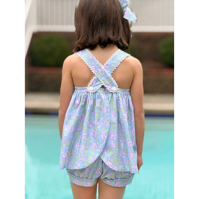 Swetes Short Set in Blue with Lavender Bougainvillea