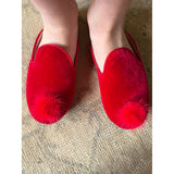 Girls Slippers in Red Velvet/Red Mink
