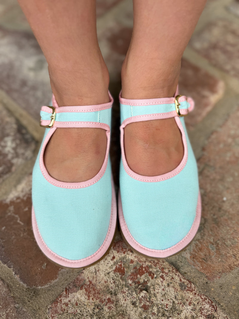 Mary Jane in Blue with Pink Grosgrain