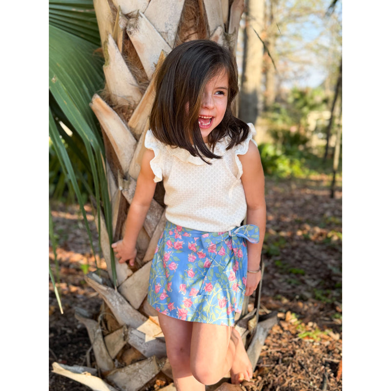 Loblolly Wrap Skirt in Blue with Pink Bougainvillea