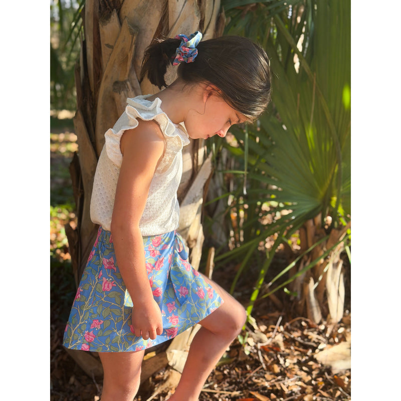 Loblolly Wrap Skirt in Blue with Pink Bougainvillea