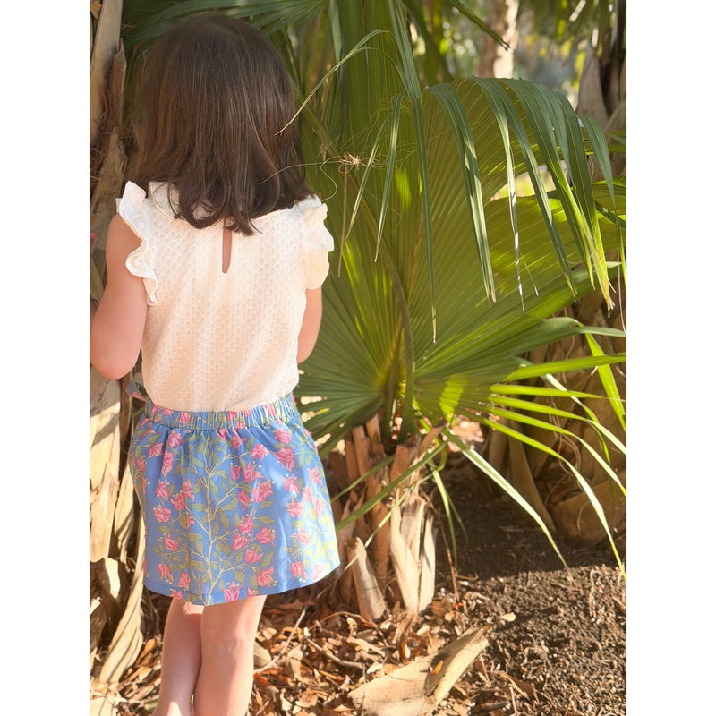 Loblolly Wrap Skirt in Blue with Pink Bougainvillea
