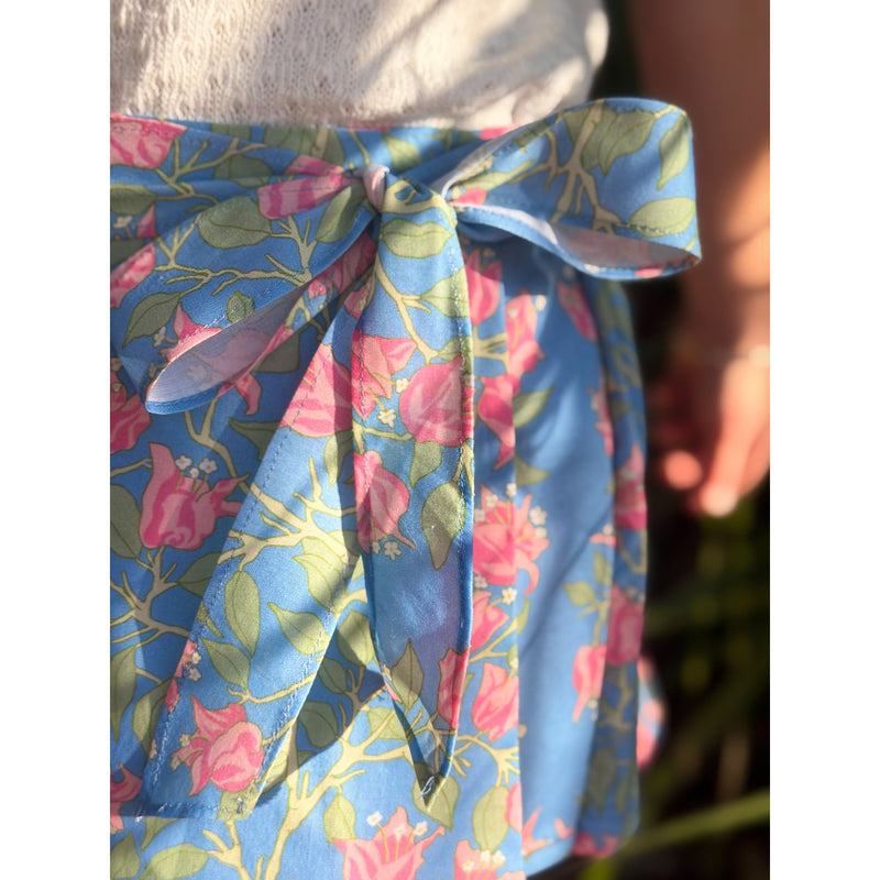 Loblolly Wrap Skirt in Blue with Pink Bougainvillea