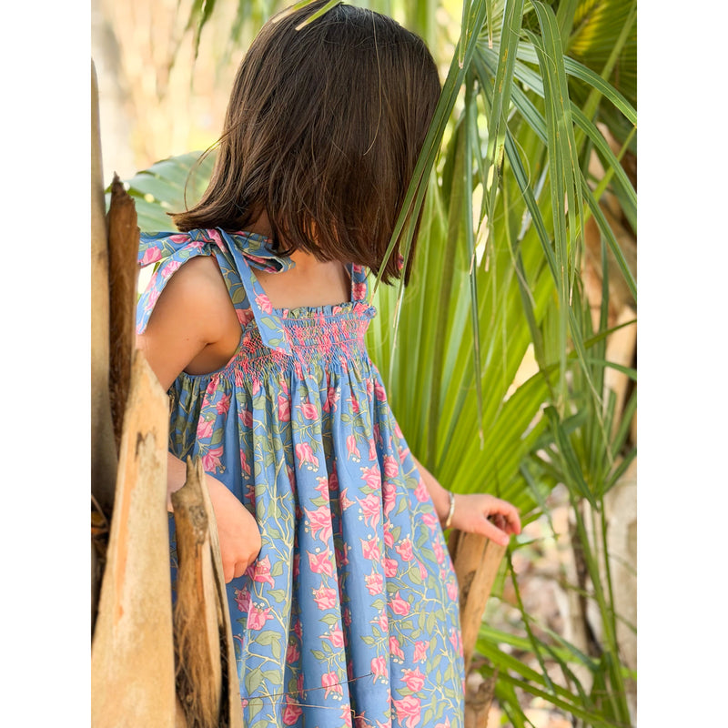 Loblolly Dress in Blue with Pink Bougainvillea