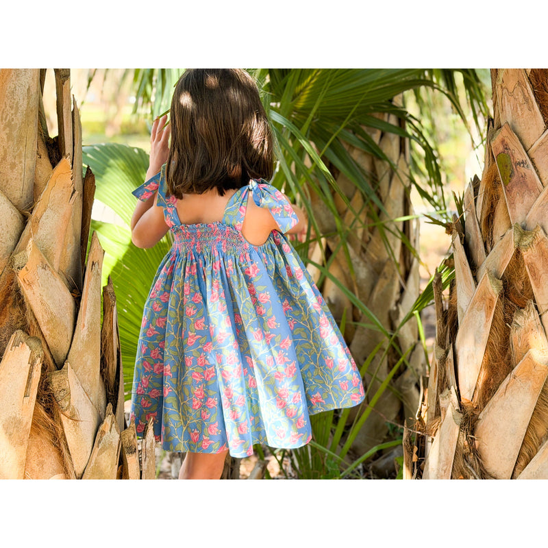 Loblolly Dress in Blue with Pink Bougainvillea