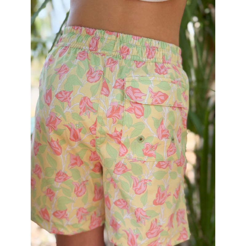 Shirley Swim Trunk in Yellow with Pink Bougainvillea