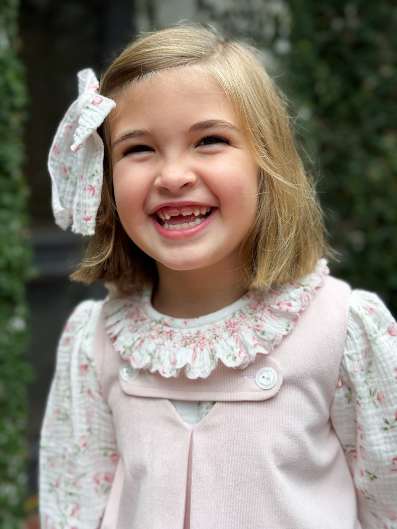 Ruffle Smocked Blouse- Pink/Sage Flowers