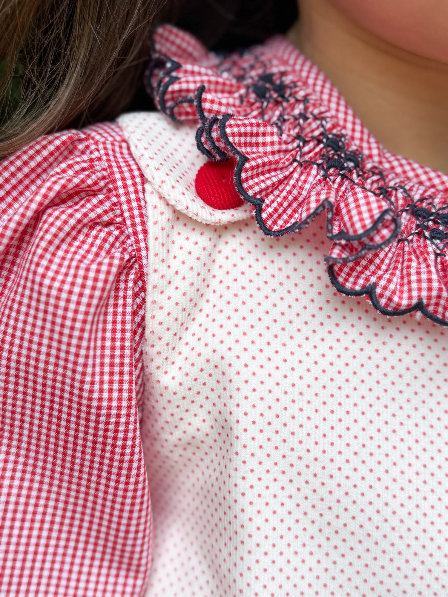 Red/Navy Smocked Ruffle Blouse